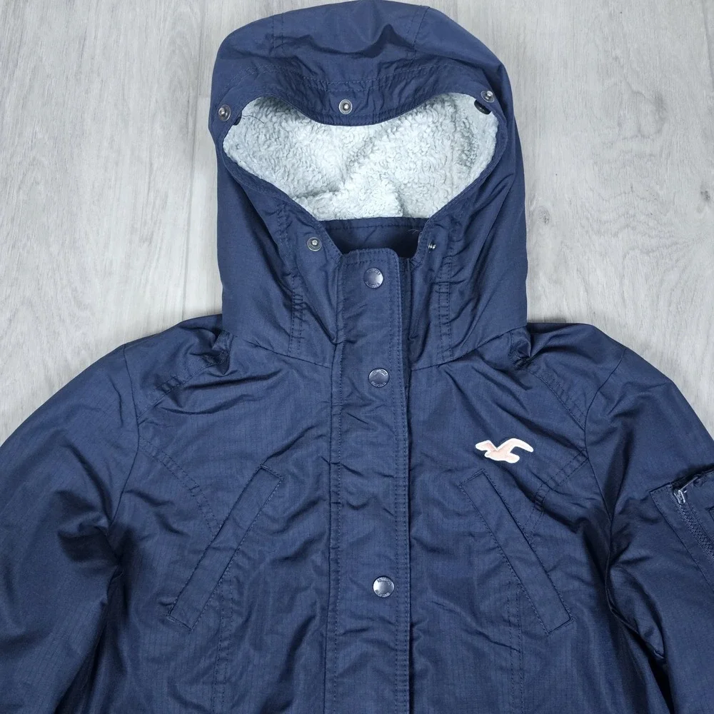 Hollister California All Weather Jacket Womens Small Blue Full Zip Sherpa Hoodie